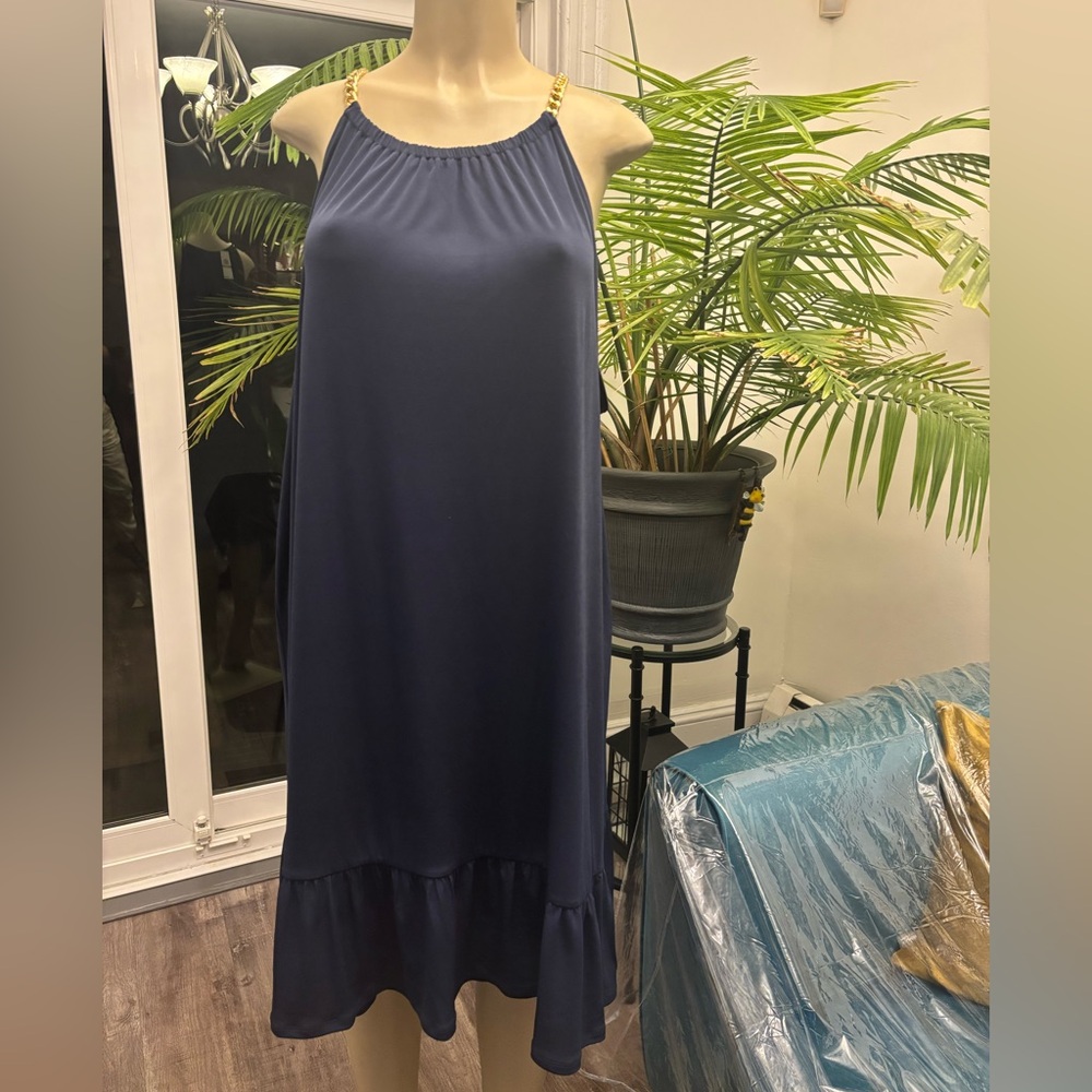 MICHAEL Michael Kors Navy Maxi Dress with chain neck.